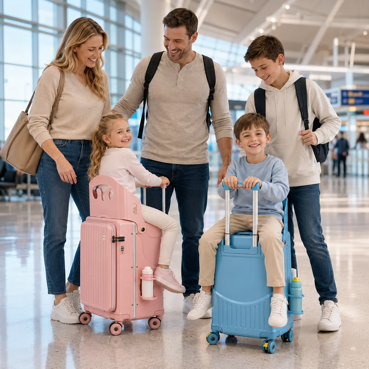 Kids Ride-On Carry-On Luggage（45L）, Must-Have Rolling Suitcase for Moms Traveling with Kids, Summer Travel Essential for Parents, 360° Spinner Wheels, Built-in Kids Seat & Backrest, Safety Buckle, Combination Lock, Cup Holder