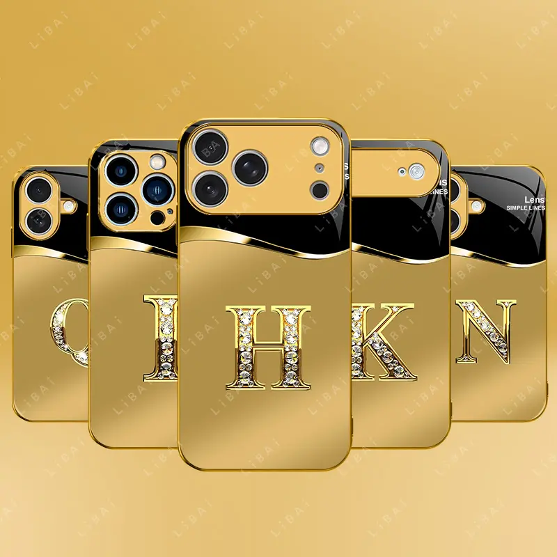 Suitable for iPhone 17 16 15 14 13 12 11 Samsung S25 S24 S23 S22New high-end gold letter glass mobile phone case metallic paint electroplated gold glass mobile phone case affordable price anti-drop anti-fingerprint 995, Smartphone, Handheld