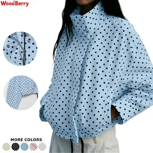 WoodBerry Women's Zip Up Polka Dot Jacket Cropped Coat Long Sleeve Stand Collar with Drawstring Hem Oversized Outfit Casual Fashion Windbreaker