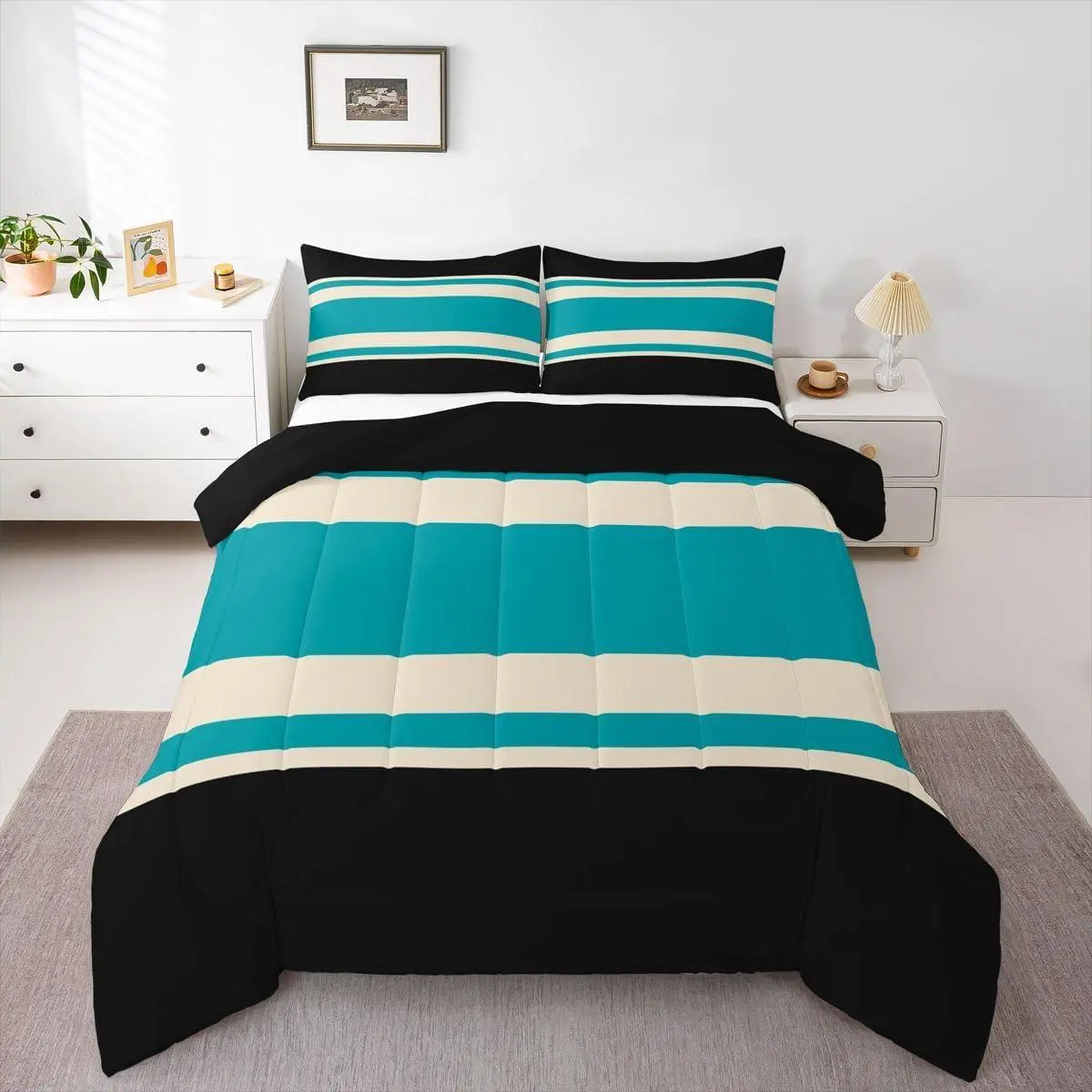Feelyou Patchwork Striped Duvet Set - Turquoise, Teal, Black Ombre Colors, Adult Geometric Polyester Microfiber Bedding, Lightweight Fill Rustic Hotel Quilt, Travel Friendly All Seasons, Machine Wash Multi-Size Option, Breathable, Microfibre