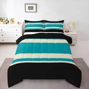 Turquoise Bedding Sets, Teal Black Patchwork Striped Comforter Set,Adults Men Women Geometric Aesthetic Ombre Down Comforter,Rustic Hotel Quilt