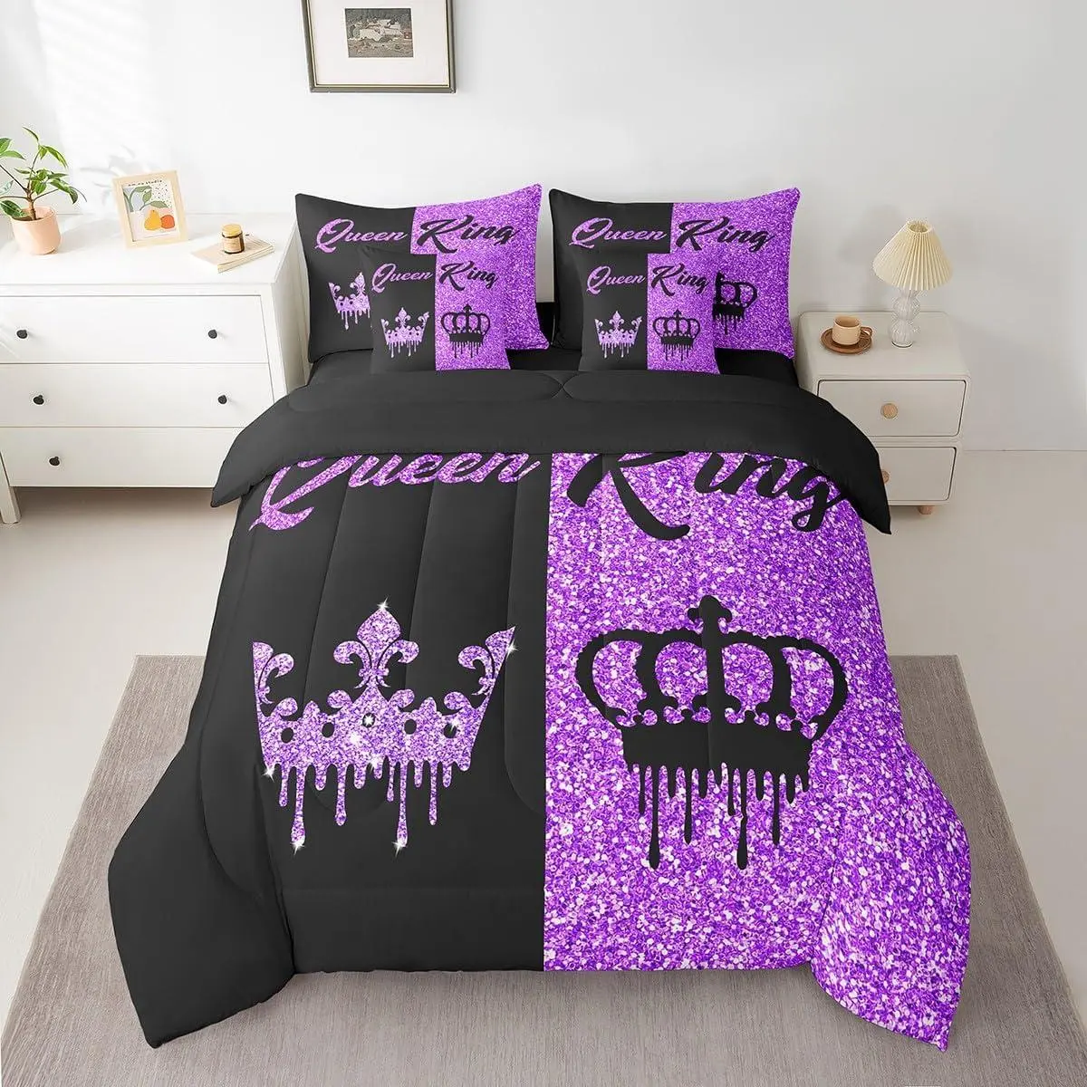 Black and Purple Crown and Bedding Set for Adults Couple Men Women,Valentine's Day Wedding Gifts,His and Hers Bed in a Bag Bedroom Decor(No Glitter)