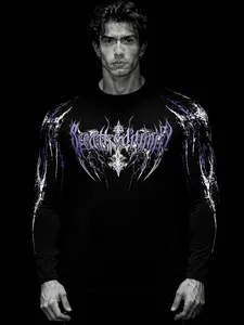 Men's Skull Print Quick-Dry Cycling T-Shirt, Sporty Gym Top, Long Sleeve, Breathable, Tight Fit, Casual Running Tee, All Seasons