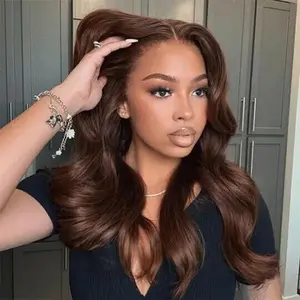 Wavymy Chocolate Brown Face-Framing Curtain Bangs Layered Cut Body Wave Pre-Cut Lace Wear Go Glueless Wigs 180% Density