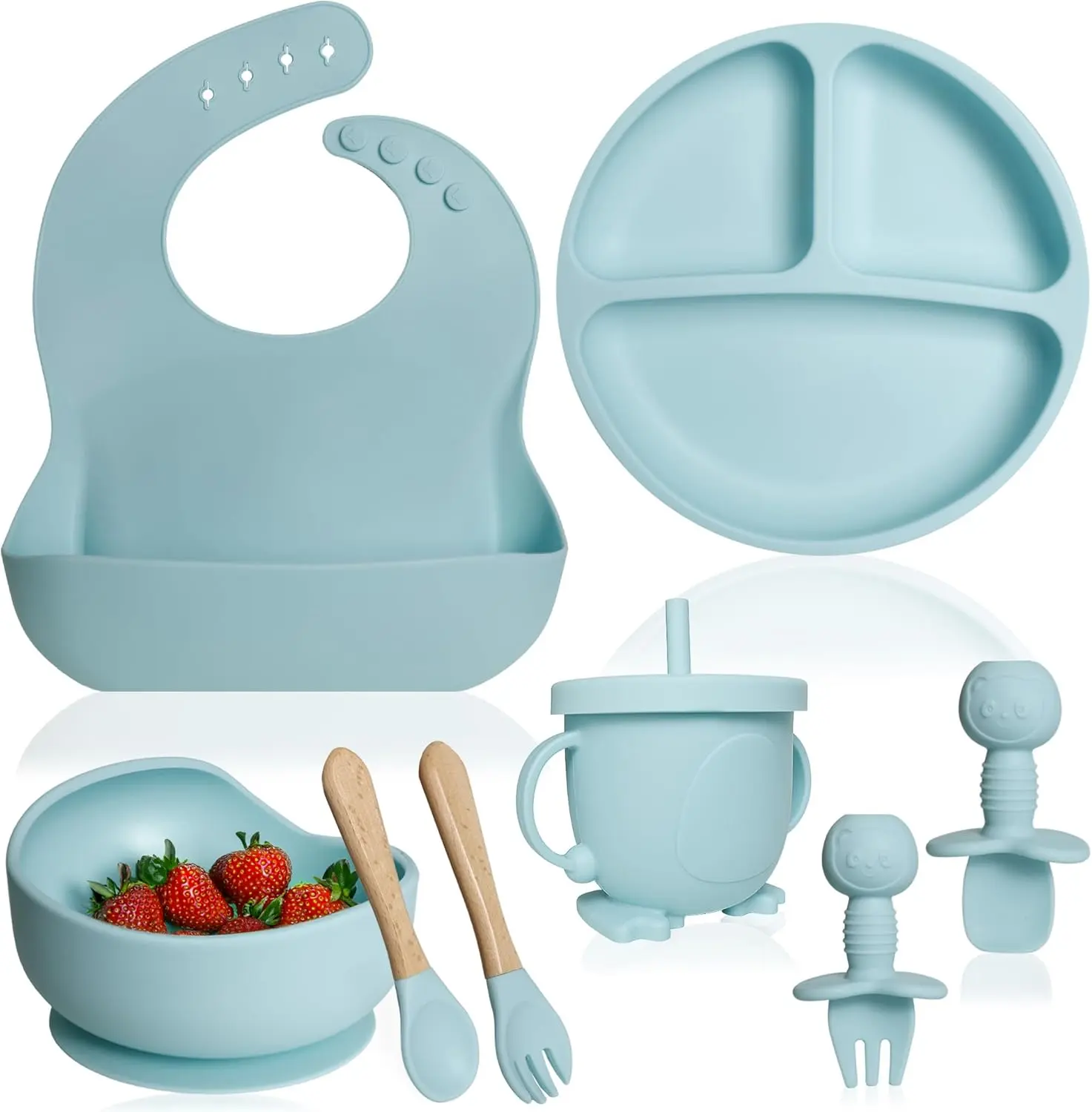Silicone Baby Feeding Set - Baby Led Weaning Supplies - Baby Spoons, Suction Bowl - Plate - Baby Utensils Set - Silicone Feeding Set for Baby First Foods, Infant Eating - 8pcs - Light Blue