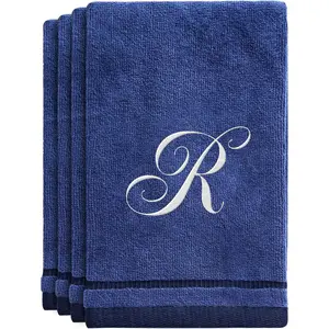 Creative Scents Navy Blue Monogrammed Towels with Initials - 4 Pack Super Absorbent Bathroom Fingertip Cotton Towel with Soft Velour Finish - Personalized Gifts for Freinds & Family 11"x18" Initial R