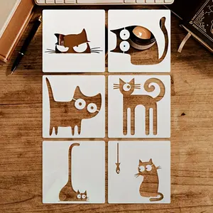 Reusable Washable 6 Cat Painting Stencils, 6x6 Inch DIY Cat Patterns for Art Projects, Scrapbooking, Card Making & Canvas Painting