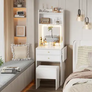 High end and high-quality Small Space Vanity Table Set with 3 Adjustable Lighted Mirror and Storage Chair, Makeup Vanity Table for Small Space, White Dressing Table with Fold-up Panel for Bedroom vanity  without  let decofy  vanity vanity  set