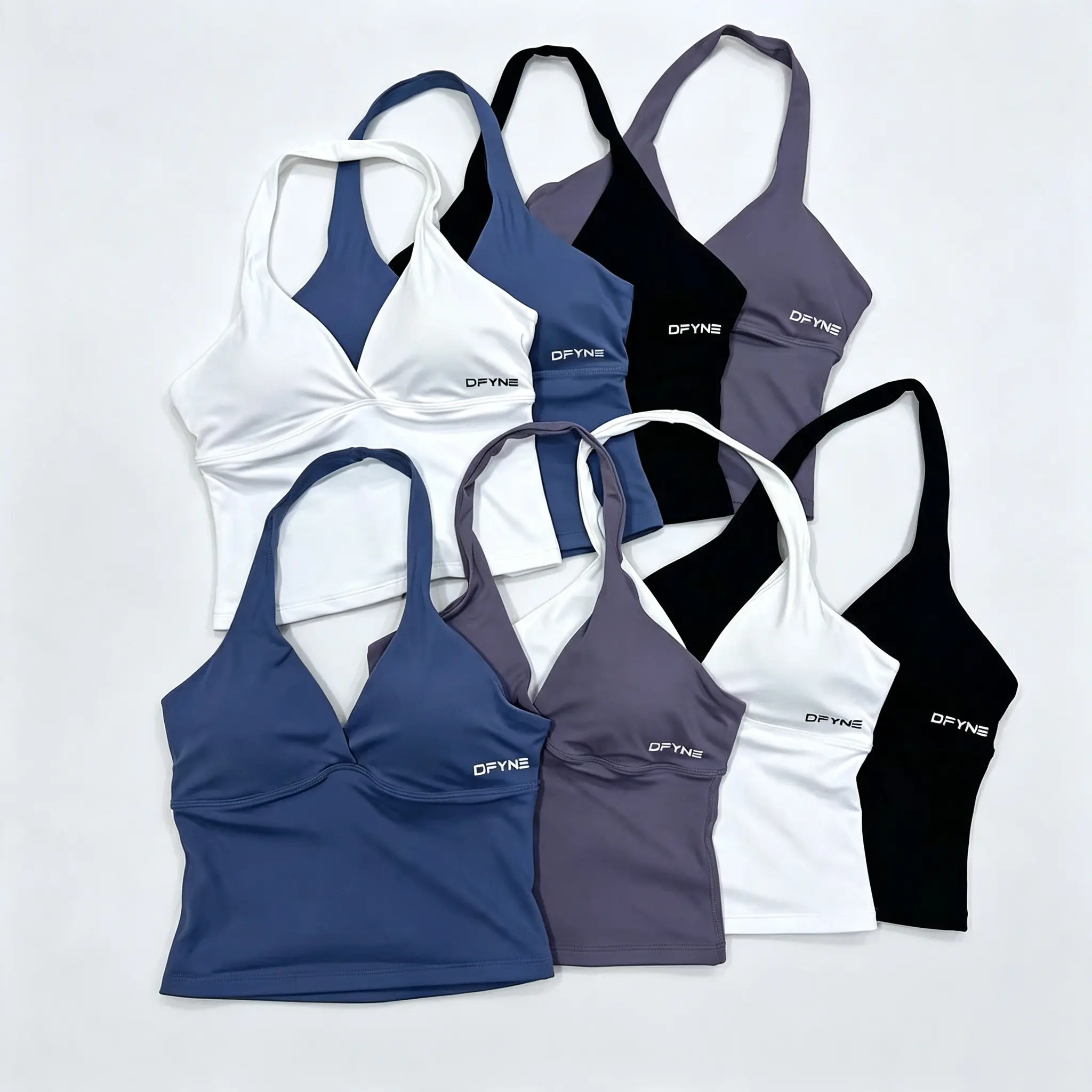 DFYNE Women's Halter V-Neck Workout Tank Tops with Built-in Bra, Padded Athletic Camisole, 4-Way Stretch Seamless Crop Top for Yoga Fitness