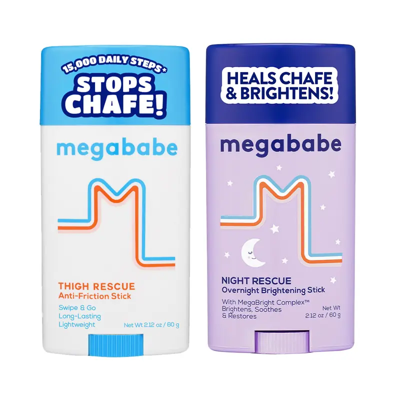 Megababe Chafe Rescue and Recover Skin Care Kit - Day & Night Body Care Essentials, Thigh Anti-Chafe Stick, Brightening Stick for Discoloration