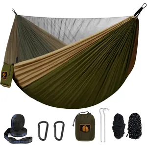 Camping Hammock, Portable Hammocks with Mosquito Net,Lightweight Nylon Parachute Hammock with 10ft Tree Straps,Camping Gear  Haves for Travel Hiking Backpacking Beach Patio-Green&Khaki