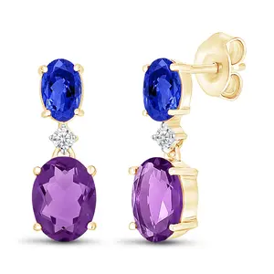 Dangling Oval Sapphire and Amethyst Earrings in Solid 10k Yellow Gold