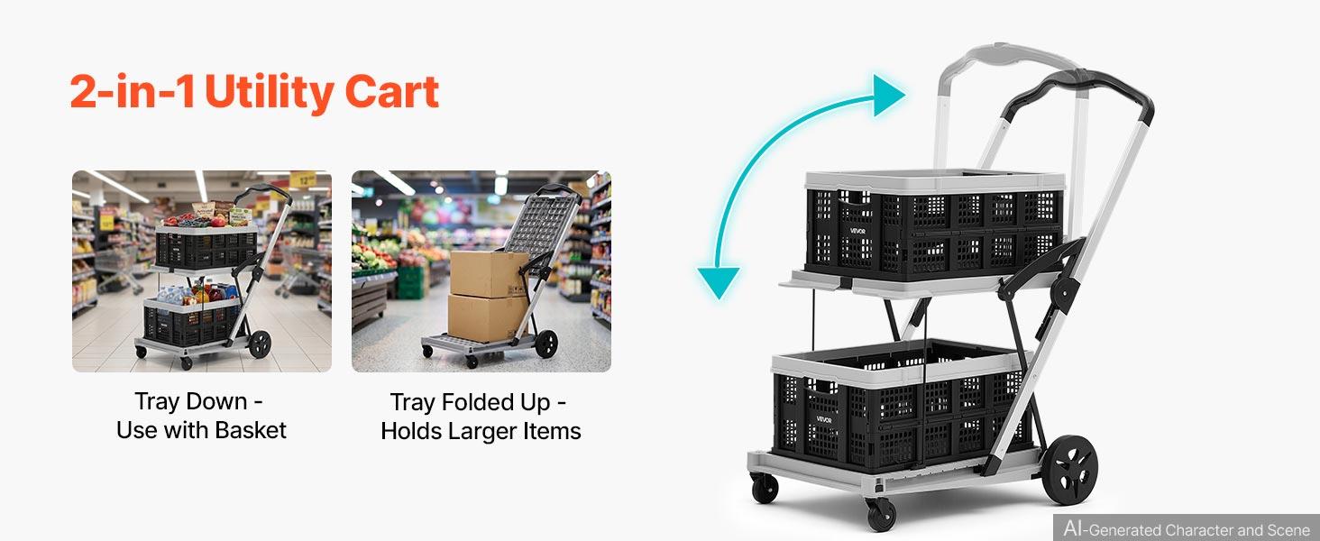 VEVOR Collapsible Shopping Cart with Wheels Foldable for Grocery Black Gray, 200lbs Capacity Rolling Utility Cart, Storage Crate & Foot Brake, Portable Folding for Groceries, Warehouse, Supermarket#BacktoSchool