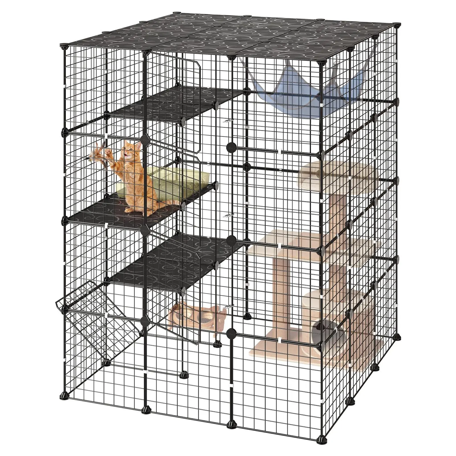 【SummerFinds】VEVOR Cat Cage 4-Tier 104.1x104.1x139.7 cm DIY Cat Playpen Indoor Enclosure, Detachable Metal Wire Kennel Crate with 4 Doors, Large Exercise Place Ideal for 2-3 Cats, Kittens and Small Animals, Black