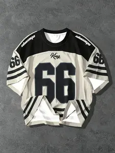 Oversized Men's 3D Digital-Print Short-Sleeve T-Shirt, Fashionable and Casual with "66" Numeric and Letter Print, Breathable Round-Neck Top for All Seasons, Non-see-through, Stylish and Versatile, Comfortable and Lightweight