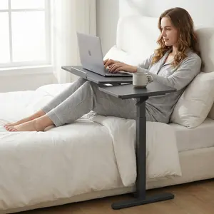 Pneumatic Overbed Table with Wheels, Height Adjustable Mobile Laptop Desk, Tilting Split Top Bedside Stand for Sofa, Hospital, Home Use (Black)