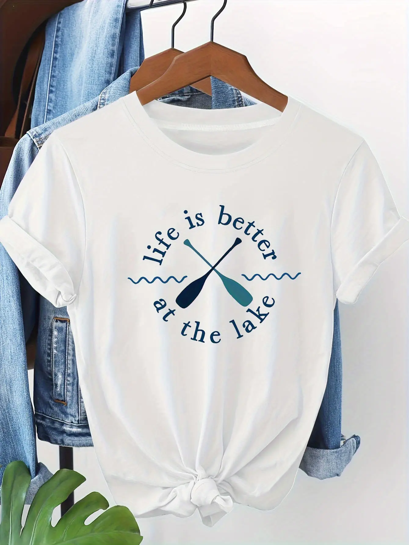Women'S Casual Life is Better at the Lake Graphic Tee| Short Sleeve, Crew Neck, Lightweight, Summer Essential, Slight Stretch Fabric, Geometric-Pattern, Casual Style