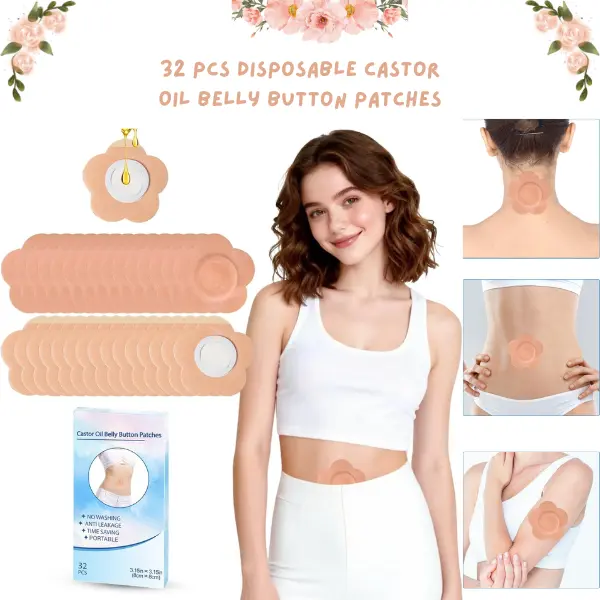 32 PCS Disposable Castor Oil Belly Button Patches – Flower-Shaped Navel Detox Patches with Anti-Leak Pads, Oil Absorbing Adhesive Wrap Stickers for Castor Oil Packs, 3.15" x 3.15" (Oil Not Included)