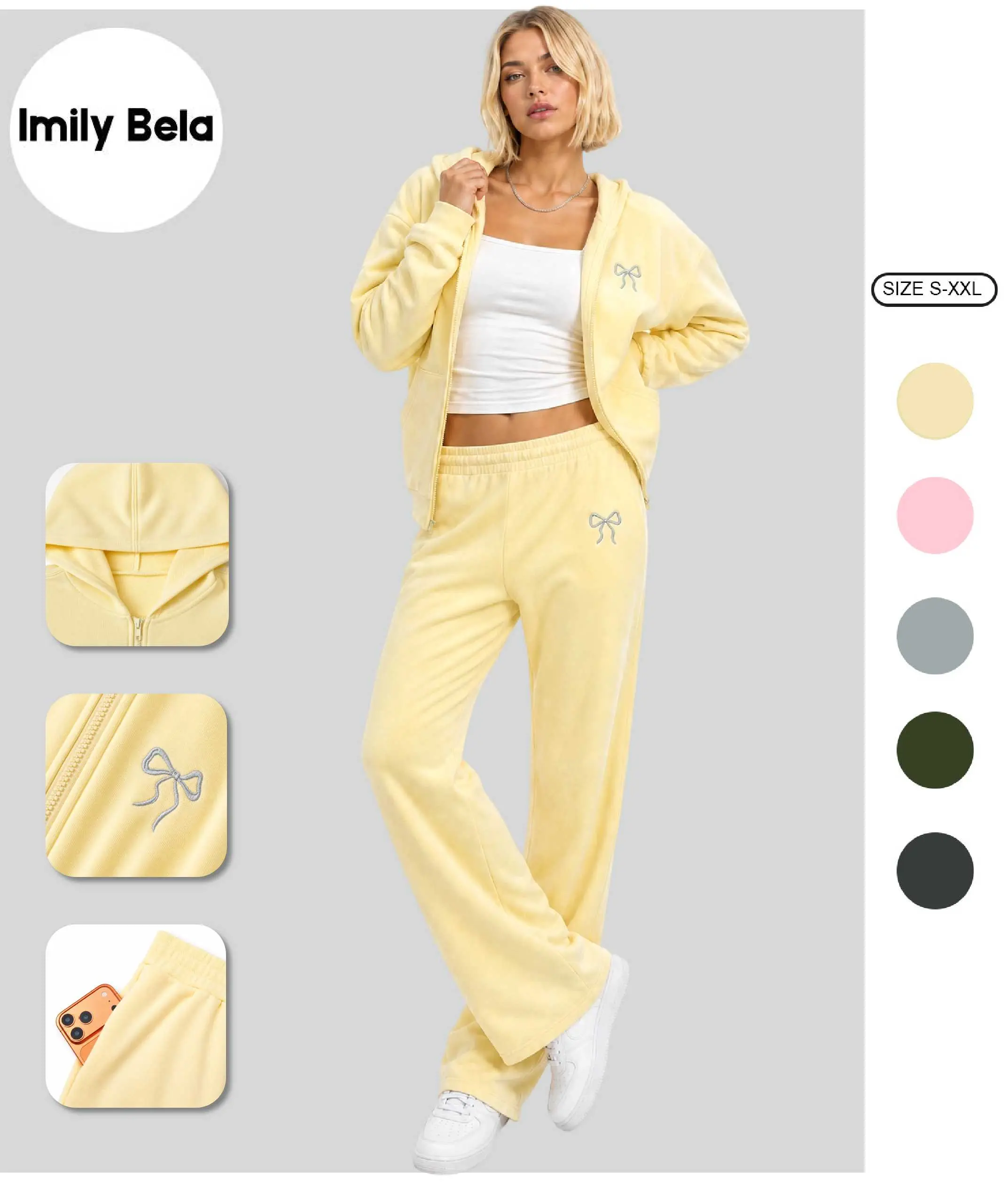 Imily Bela Womens 2 Piece Sweatsuit Set Bow Embroidered Zip Up Hoodie & Wide Leg Sweatpants Oversized Fleece Lounge Set Casual Fall Outfits