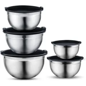 Cookware Stainless Steel Mixing Bowls with  - Heavy Duty Flat Bottom Stackable Mixing Bowl Set - Bowl for Meal Prep, Cooking, Mixing & Serve - Space Saving & Easy Clean - Set of 5