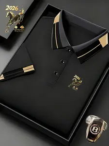 Fashion Casual Summer Short Sleeve Polo Shirt, Horse Print Outdoor Running Golf Collar, Button Front, Breathable Polyester Fabric