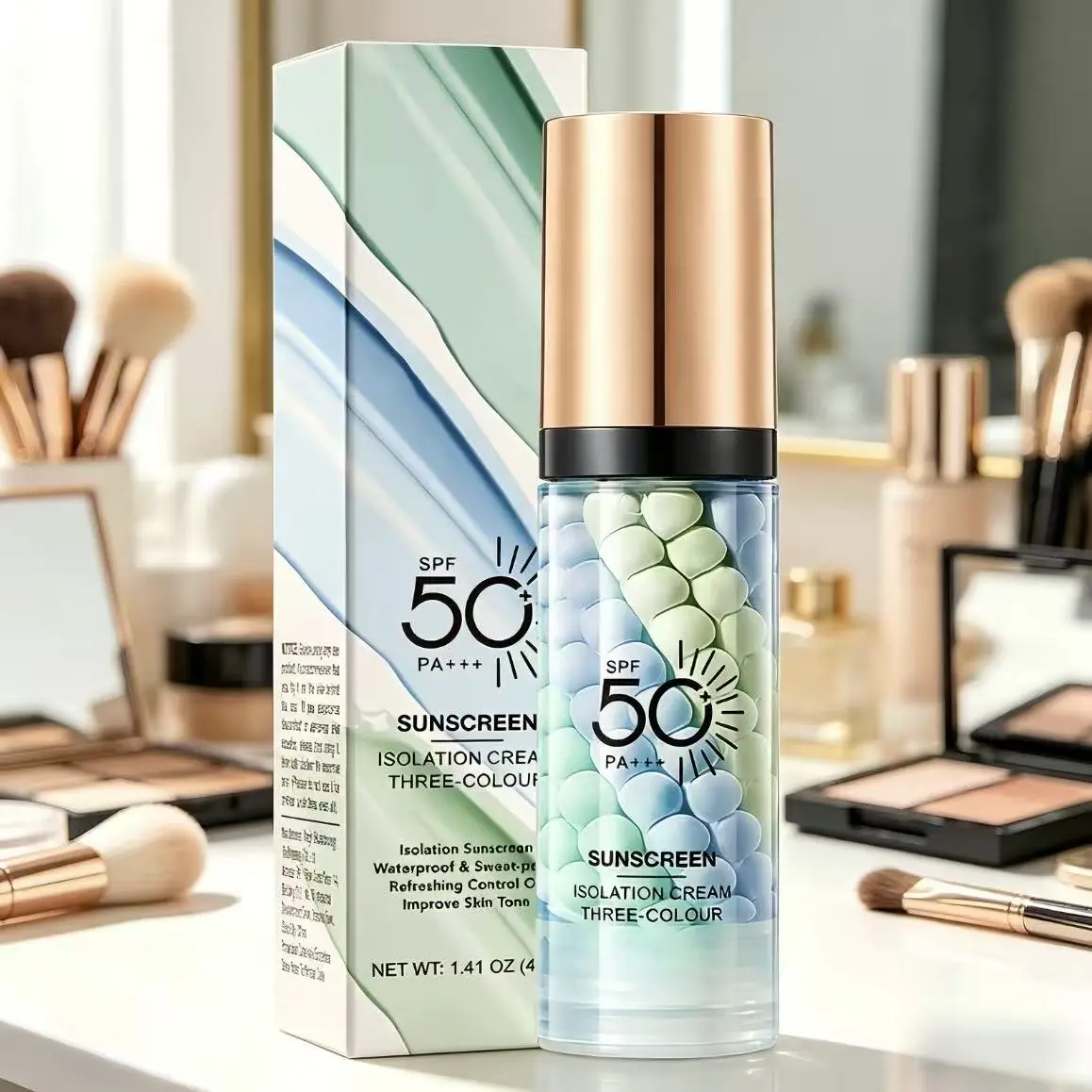 SPF 50+ PA+++ 3-in-1 Sunscreen Isolation Cream, Color Corrector Face Primer, Pre-Makeup Base for Oil Control, Moisturizing & Pore-Blurring, Luminous Even Skin Tone