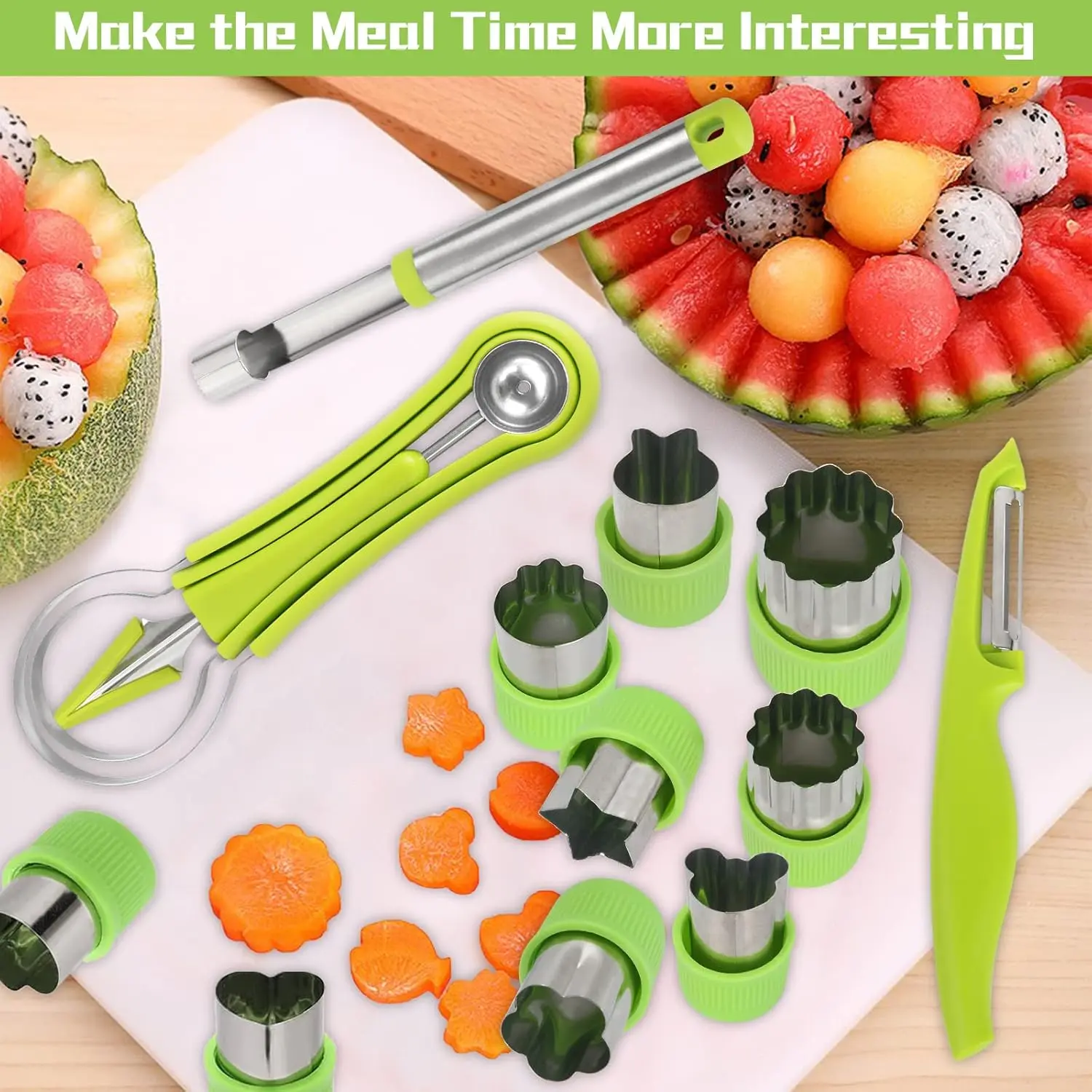14Pcs Melon Baller Scoop Set 4 in 1 Stainless Steel Fruit Scooper Seed Remover Cutter, Double Sided Melon Baller Spoon, Avocado Cutter, Watermelon Carving Knife for Dig Pulp Separator Fruit Slicer Kitchenware - Home Improvement.