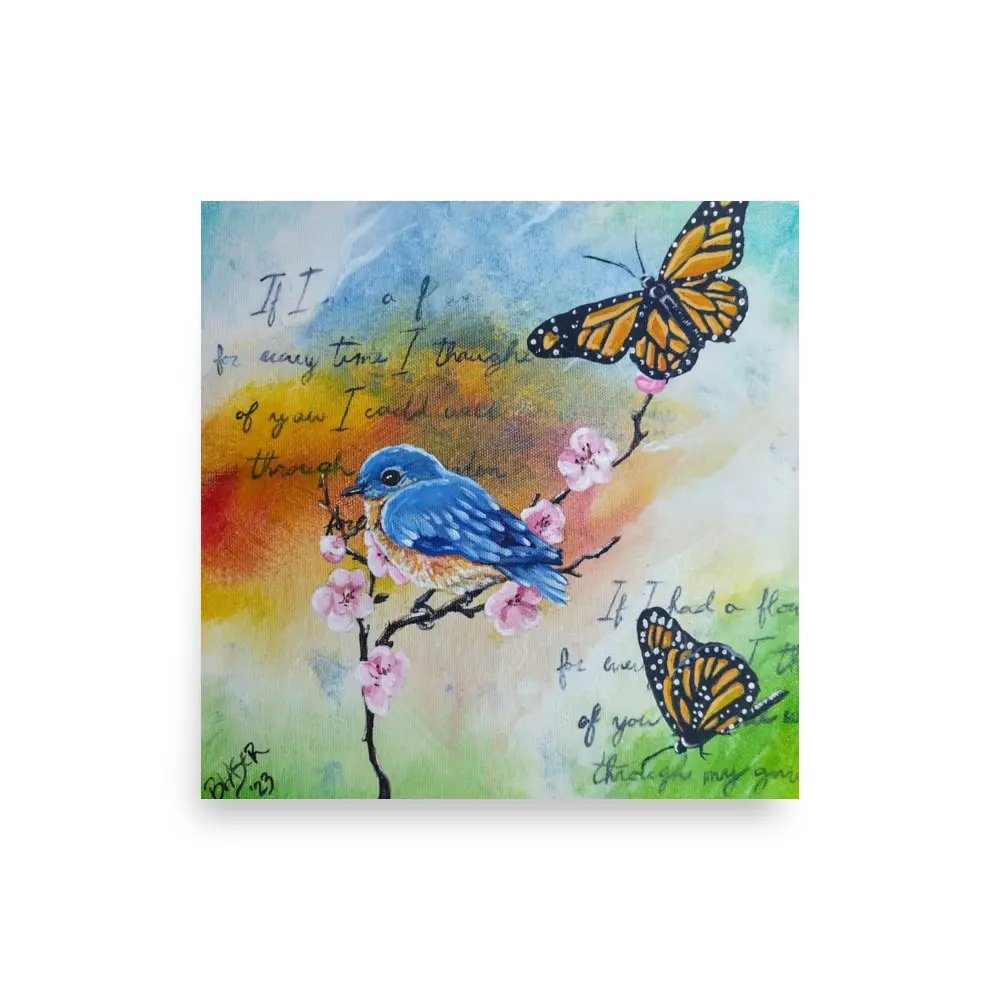 Blue Bird Butterfly Love Artwork Poster Print Fine Art Wall Decor Matte Museum-Quality Aesthetic Unique Gift Idea