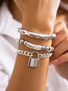 Punk Style Lock Pendant Bracelet, Unique Metal Bend Tube Beaded Elastic Jewelry for Women, Perfect for Daily Wear, Stretch Multilayered Bangles, Stackable Bracelets