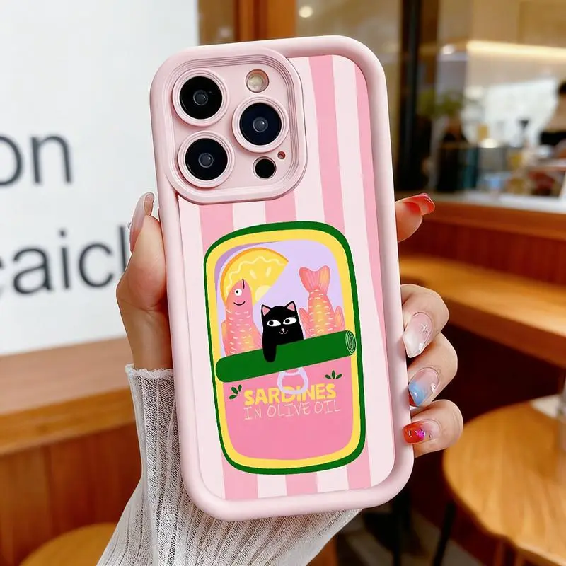 Sardines can design with black cat pattern. Compatible with iPhone 17 Pro Max/16 Pro Max/15 Plus/14/13/12/11, TPU soft case. Compatible with Galaxy S26 Ultra/S25 Plus/S24/S23, Dopamine color. Compatible with Galaxy A54/A53/A33/A15.