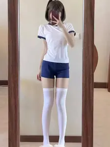 Cute Japanese Style Two-Piece Short Sleeve Swimsuit for Women, Soft Gymnastics, High School College Girl Sports Set