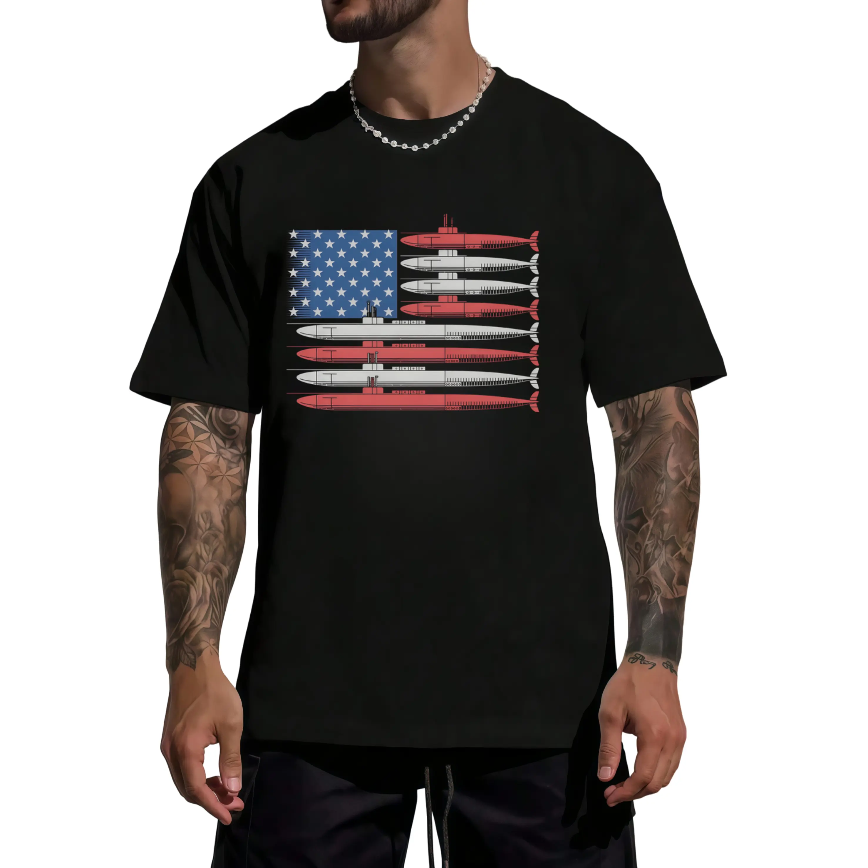 American Flag Submarine Patriotic T-Shirt Retro Casual Crew Neck Printed T-Shirt
