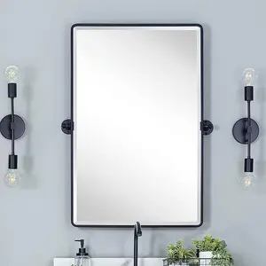 Farmhouse Pivot Rectangle Bathroom Mirror Black Metal Framed Tilting Beveled Vanity Mirrors for Wall 20x30''