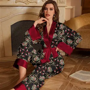 Women's Three Pieces Satin Pajama Robe Set, Delicate Style Red Green and Black Floral Pattern, Loose Long Sleeve and Stretchy Long Pants, Sleepwear & Homewear