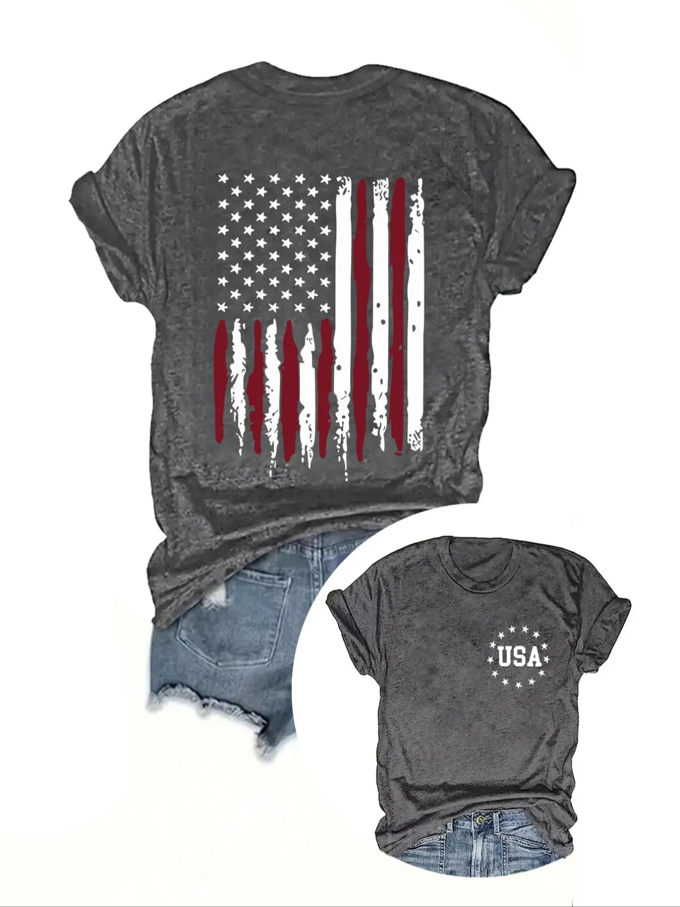 Women's Star & Flag Print Round Neck Graphic Tee, Fitted Breathable Fabric Vintage Trendy Casual Style "usa" Letter Print Short Sleeve T-shirt for Daily Wear, Ladies Summer Top, Everyday