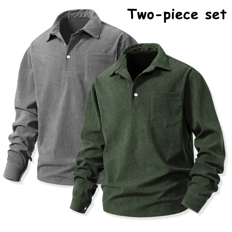 2-piece back-to-school vintage corduroy tops: half-button lapel collar long-sleeve student shirts for everyday wear