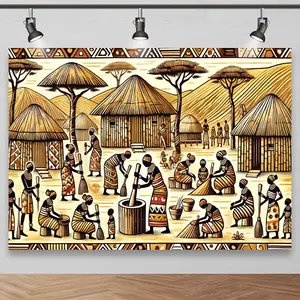Soft Durable Polyester Fiber Photography Backdrop - African Village Life Tribal Print, Artistic Prints Studio Background for Photography Banners (White)