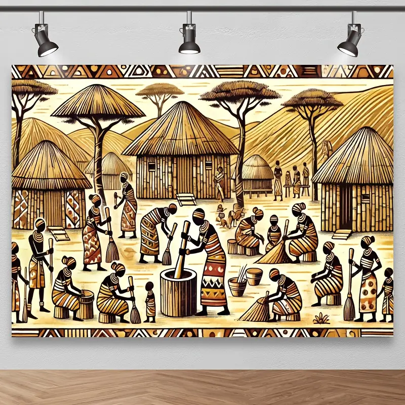 Soft Durable Polyester Fiber Photography Backdrop - African Village Life Tribal Print, Artistic Prints Studio Background for Photography Banners (White)