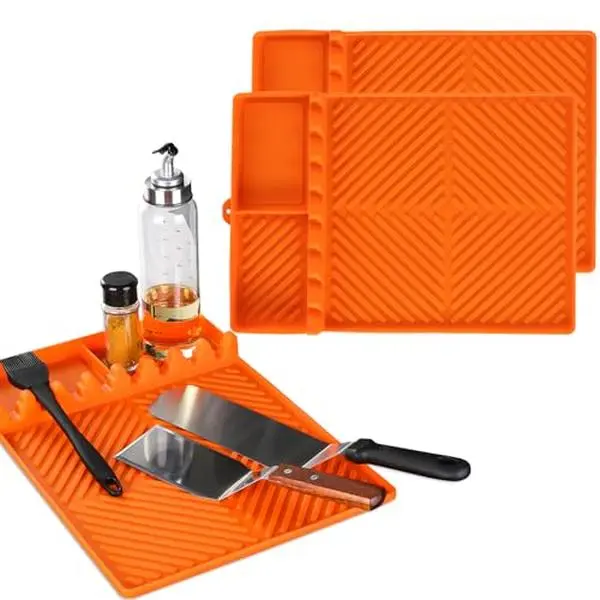 SizzleDock Large Silicone Griddle Mat – BBQ Utensil Holder & Spatula Rest with Drip Pad for Blackstone Griddles, Outdoor Grills and Kitchen Counters