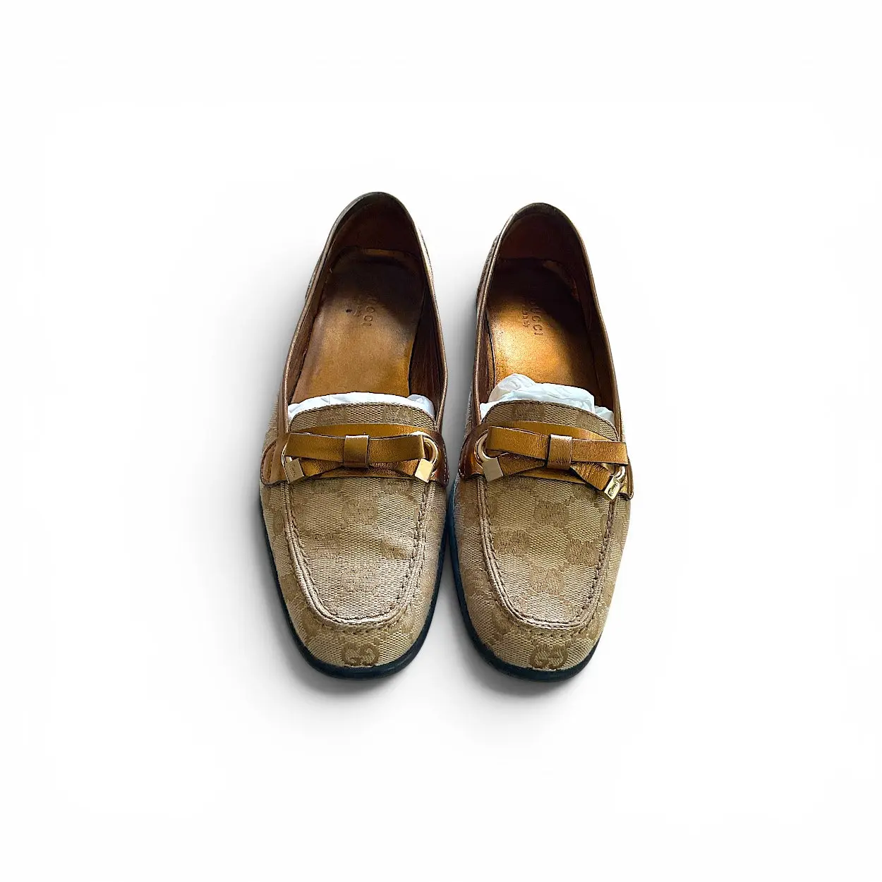 Pre-owned Gucci Canvas Monogram Loafers, Beige/Bronze EU 38