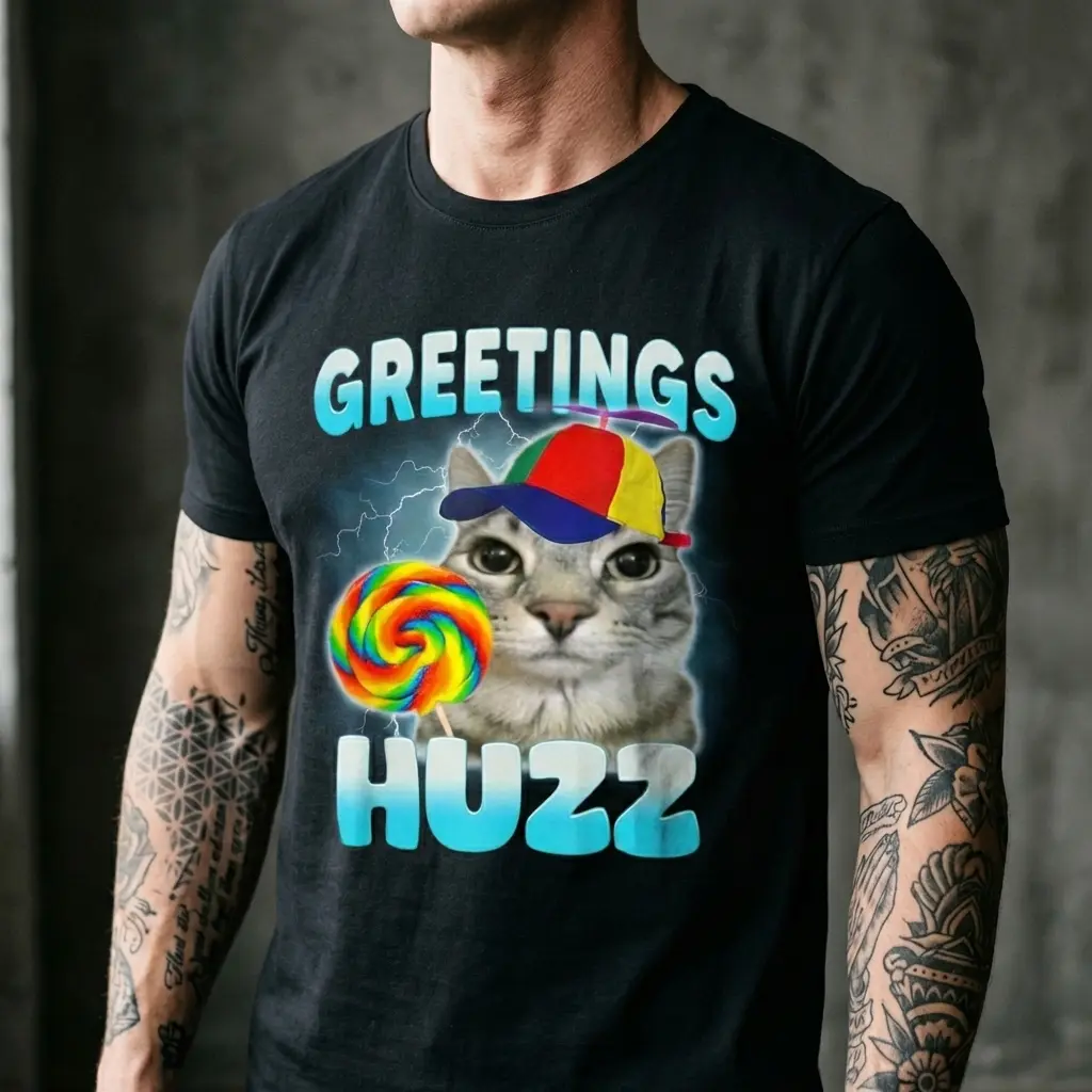 Men's Cotton Short-Sleeve Classic Menswear T-Shirt with Collar, Playful "Where The Huzz At" Cat Meme Design, Comfy Streetwear Basic Tee for Cat LoversYY Crewneck Casual