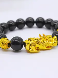 Men's Ethnic Style 12mm Six-Character Mantra High Quality Hand Chain Jewelry Bracelet, Pixiu Imitated Obsidian Design, Large Size Leather Chain