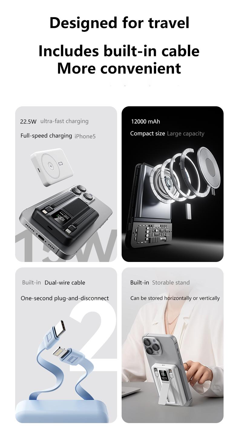 【Buy 1 Get 1 Free】12000mAh Magnetic Wireless Power Bank with LED Display & Foldable Stand - 3-in-1 Portable Charger