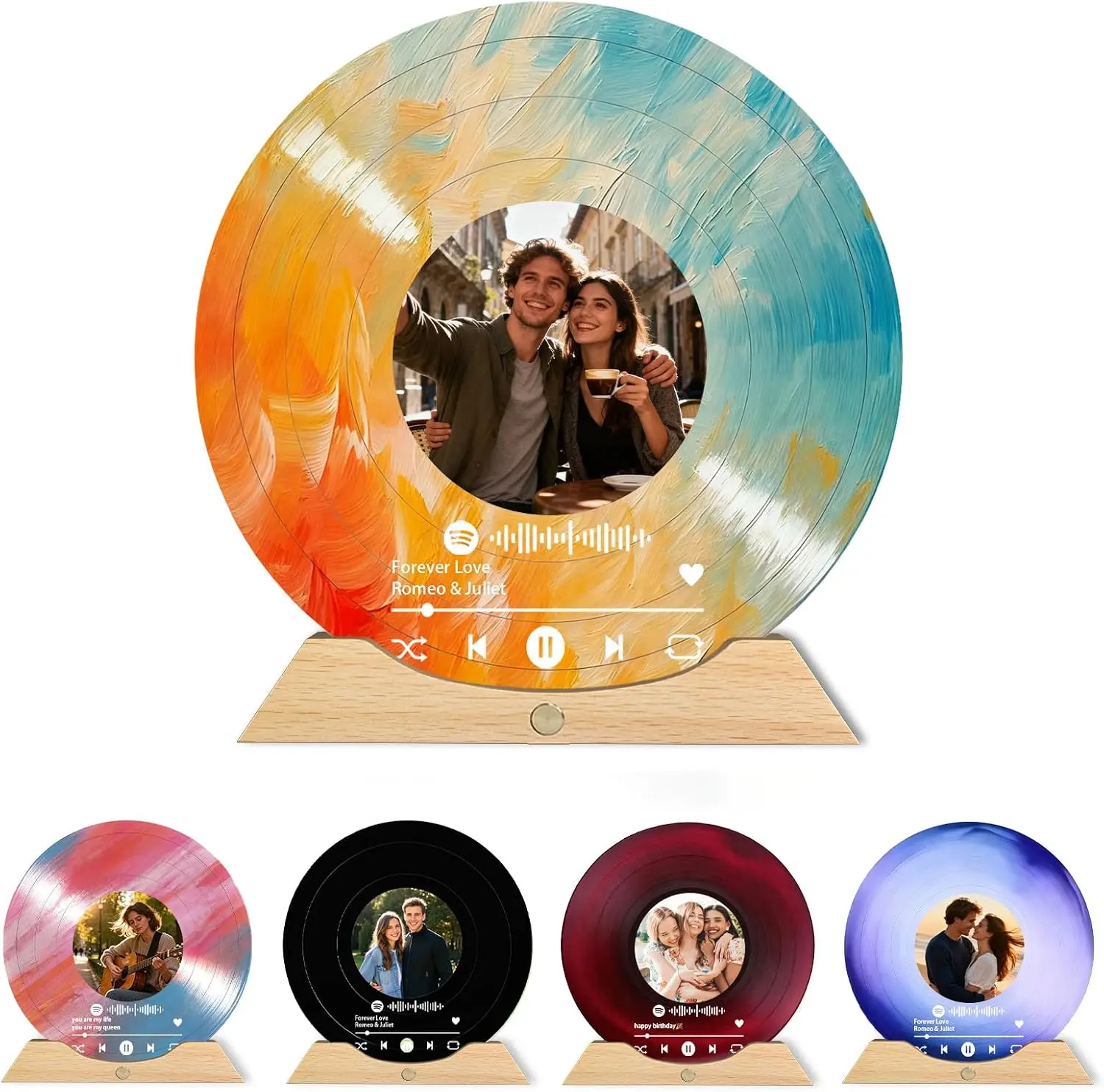 【HKZZ-Made】Personalized Round Vinyl-Style Acrylic Music Photo Stand, Custom Photo & Song Soundwave Plaque with Minimalist Curved Beech Magnetic Wood Base, Light Multicolor Decor Keepsake Gift for Boyfriend & Mum - Ideal for Wedding, Valentine’s Day