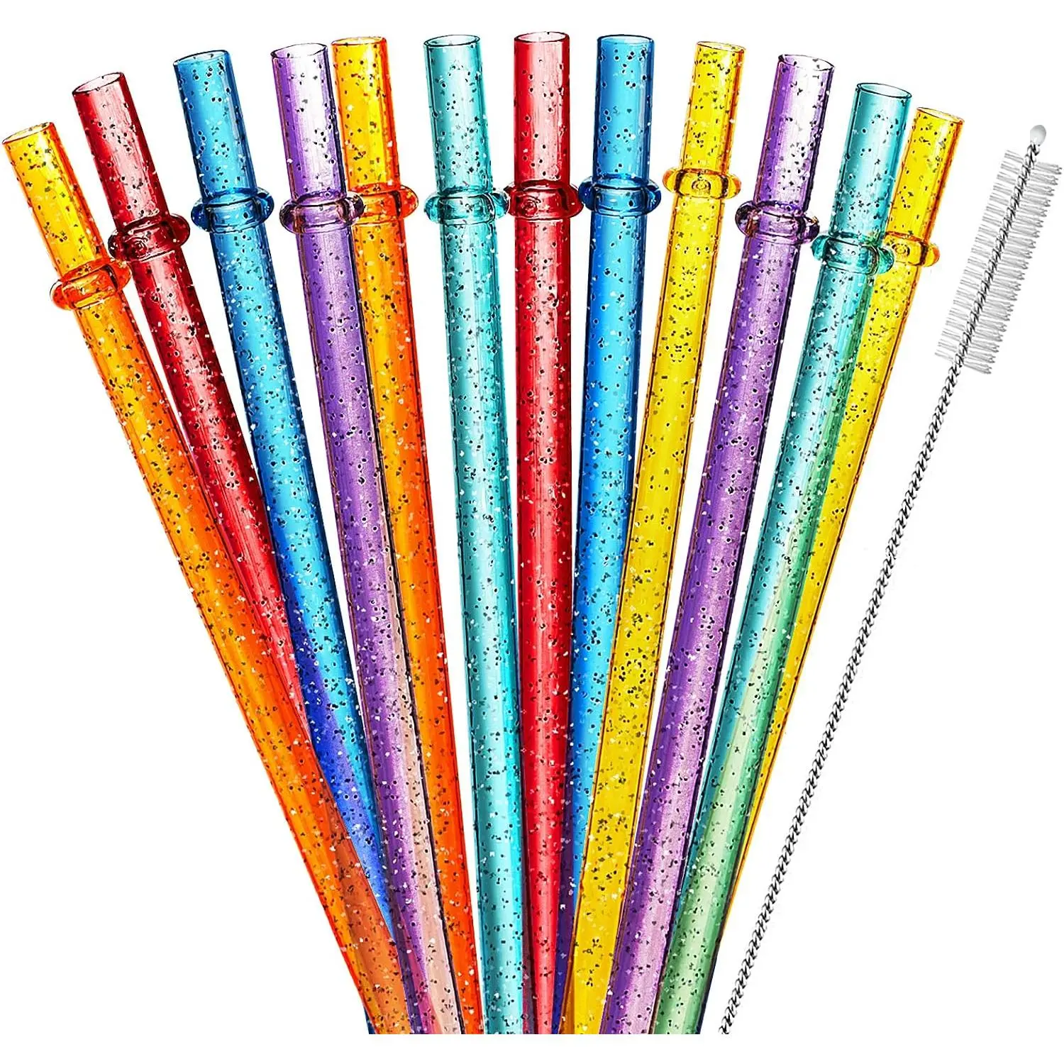 12-Pack Glitter Reusable Colorful Plastic Straws, 11 Inches Clear  Unbreakable Sparkle Tumbler Drinking Straws with Cleaning Brush