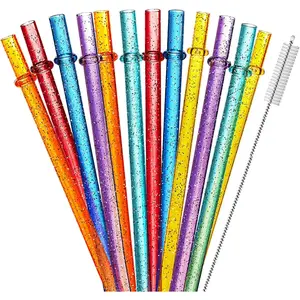 12-Pack Glitter Reusable Colorful Plastic Straws, 11 Inches Clear  Unbreakable Sparkle Tumbler Drinking Straws with Cleaning Brush