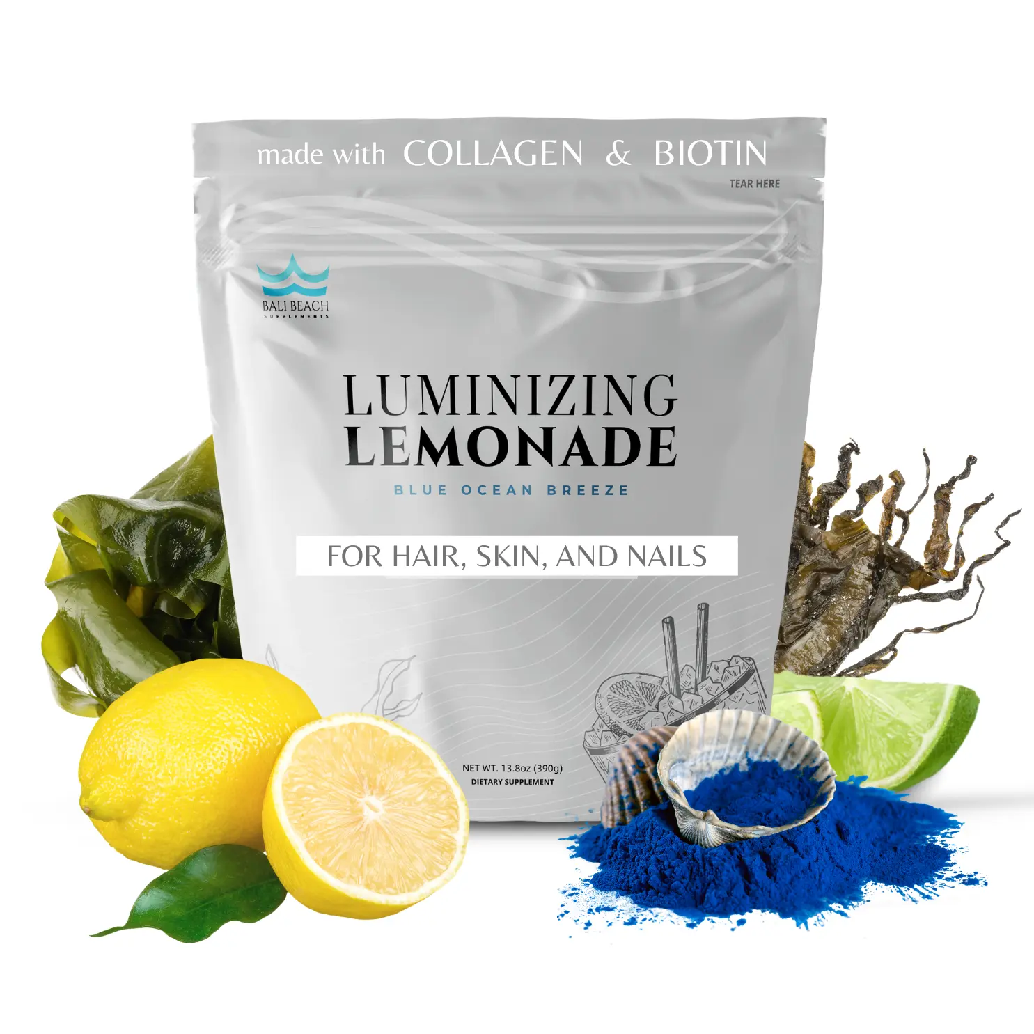 Luminizing Lemonade - Premium Beauty Supplement - with Biotin, Collagen, Blue Spirulina, Amla, Tremella, Kelp and Brown Seaweeds - Drink Mix
