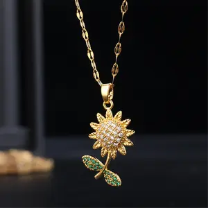 Exquisite Golden Sunflower Pendant Necklace: Elegant Copper-Alloy Floral Jewelry Adorned with Sparkling Cubic Zirconia Stones, Dazzling Statement Piece for Women, Perfect Gift for Birthdays or Special Occasions
