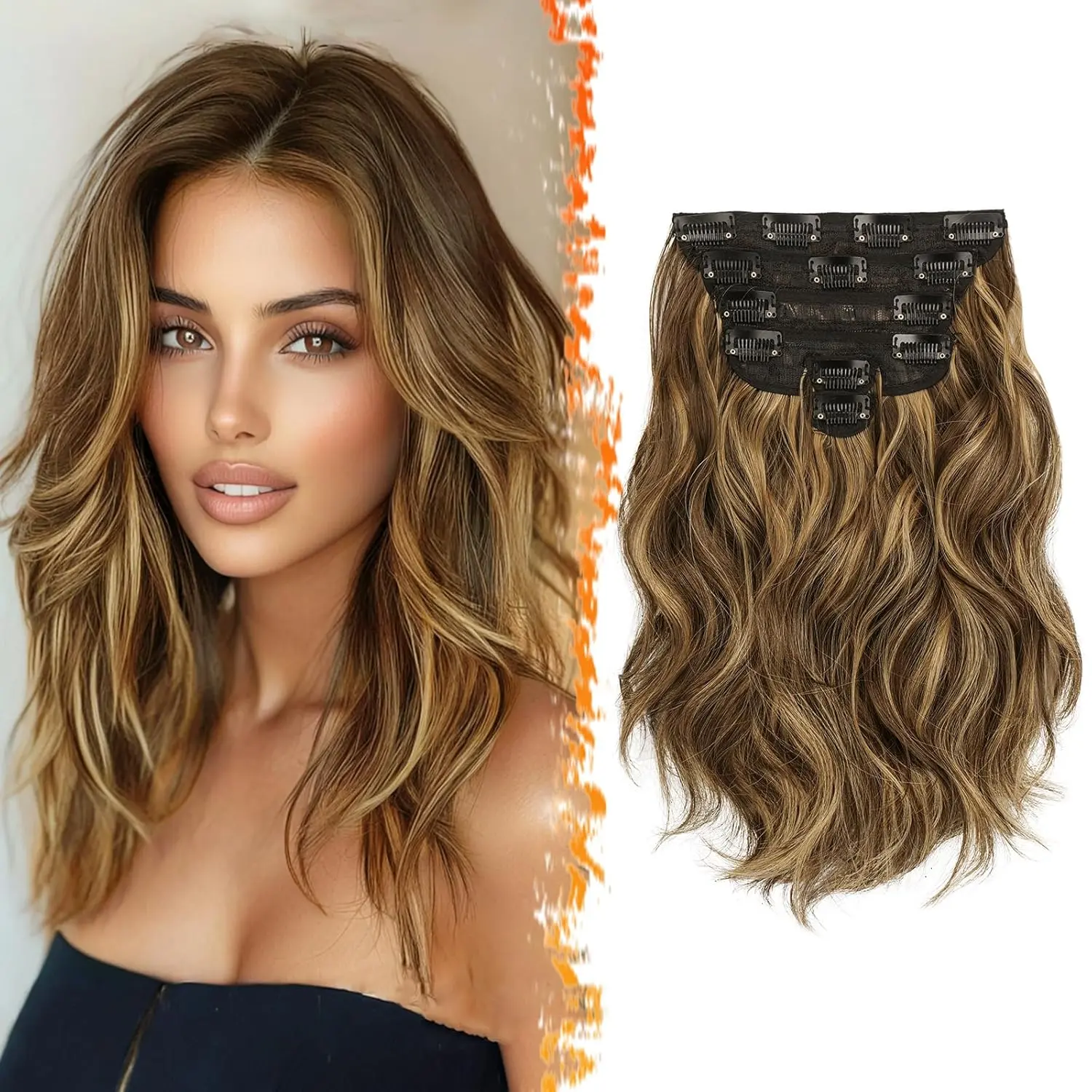 BARSDAR 12" Water Wave Hair Extension, 6-Piece Heat-Friendly Synthetic Clip-ins for Women, Half Wig Style for a Natural Layered Look, Loose Wave, Dressy, Synthetic Extensions & Pieces, 6-Piece Set, Gentle Silicone Clip