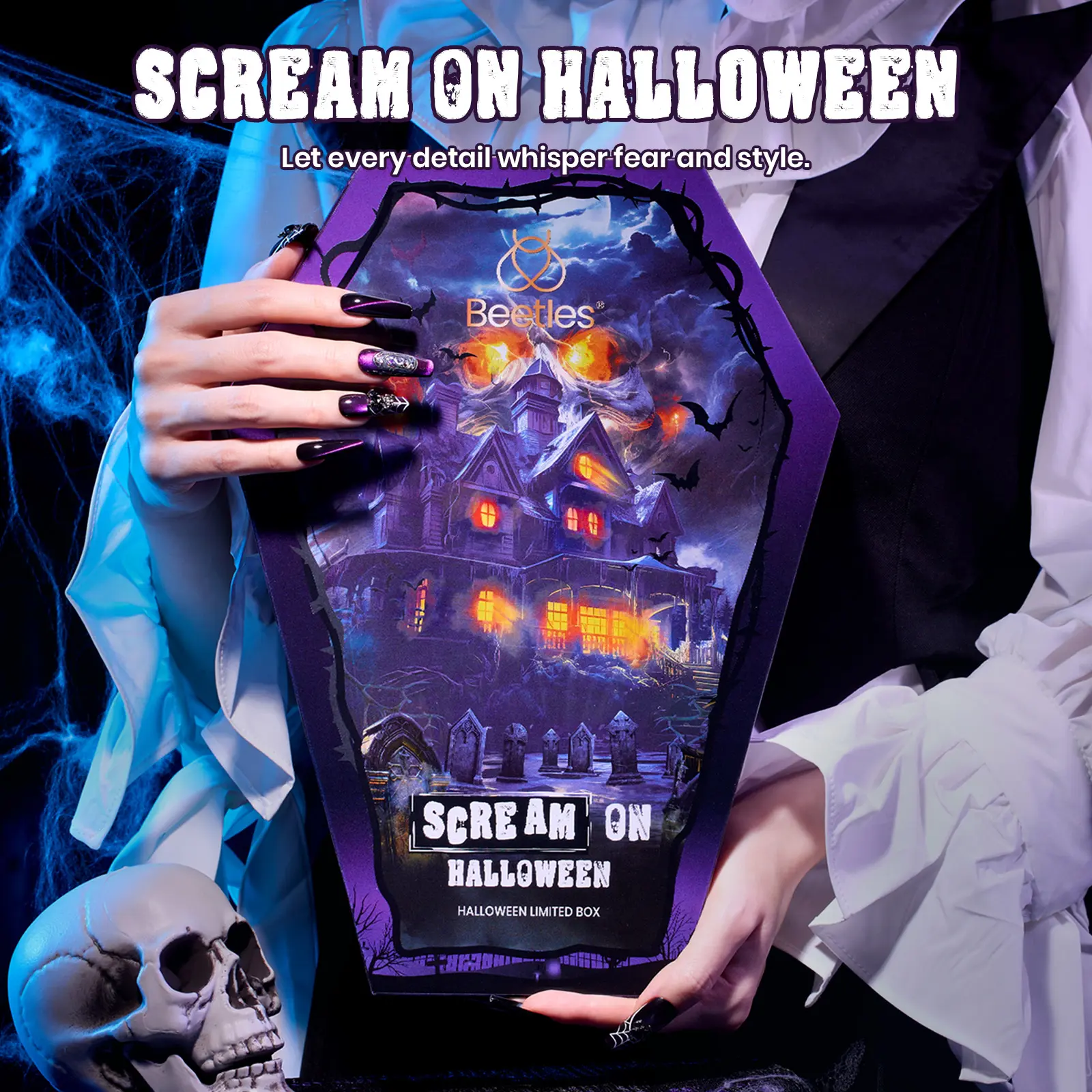 beetles Halloween Gel Polish Kit with UV Light, Black Orange Dark Purple Cat Eye Polish Scream On Halloween Limited Box With Nail Tips Nail Sticker Manicure Kit Salon DIY Nail Art Gift Set